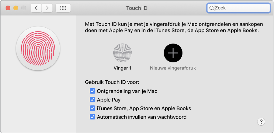 Het voorkeurenpaneel voor Touch ID met opties voor het toevoegen van een vingerafdruk en het gebruik van Touch ID om je Mac te ontgrendelen, Apple Pay te gebruiken en aankopen te doen in de iTunes Store, App Store en Book Store.