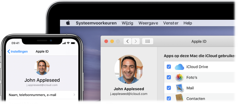 Een iPhone met iCloud-instellingen en een Mac-scherm met het iCloud-venster.
