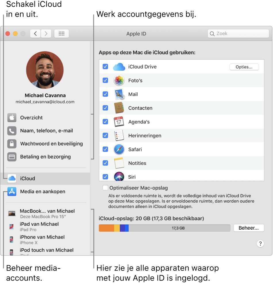 Het paneel 'Apple ID' in Systeemvoorkeuren. Klik op een onderdeel in de navigatiekolom om je accountgegevens bij te werken, iCloud in of uit te schakelen, media-accounts te beheren en alle apparaten te zien waarop je met je Apple ID bent ingelogd.