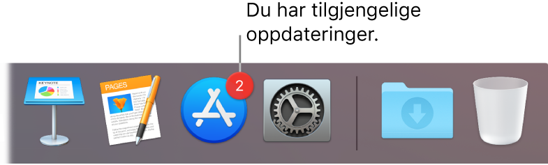 En del av Dock som viser App Store-symbolet med et merke, som viser at det finnes tilgjengelige oppdateringer.