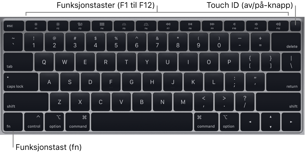 MacBook Air-tastaturet, der du ser raden med funksjonstaster, av/på-knappen med Touch ID øverst og fn-funksjonstasten nede til venstre.