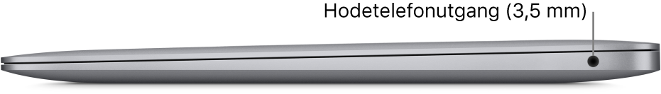 Den høyre siden av en MacBook Pro med bildeforklaringer for de to Thunderbolt 3-portene (USB-C) og hodetelefonutgangen på 3,5 mm.