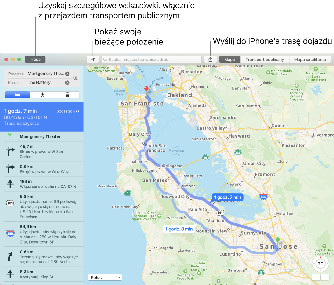 Okno aplikacji Mapy, przedstawiające sposób uzyskiwania wskazówek nawigacji przez kliknięcie w Trasa w lewym górnym rogu, a także sposób wysyłania wskazówek do iPhone'a przy użyciu przycisku udostępniania.