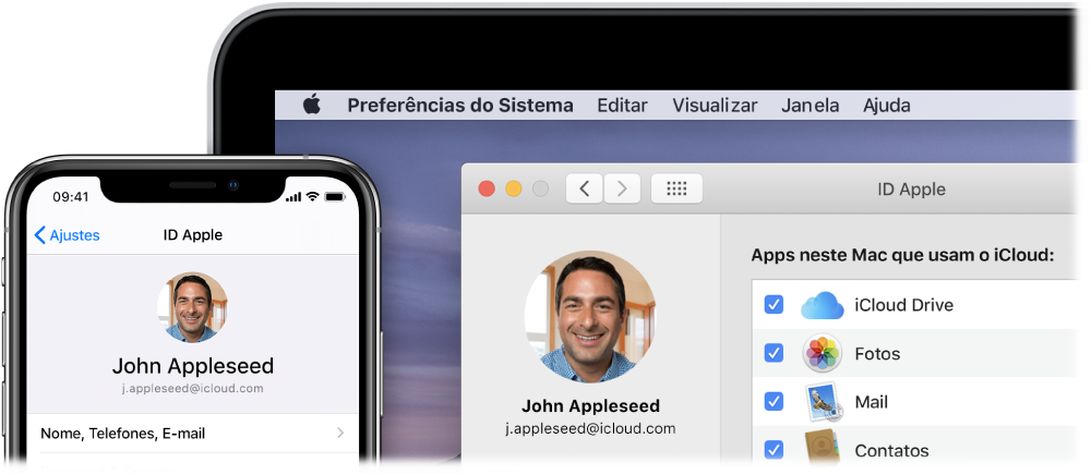Um iPhone mostrando os ajustes do iCloud e a tela de um Mac mostrando a janela do iCloud.