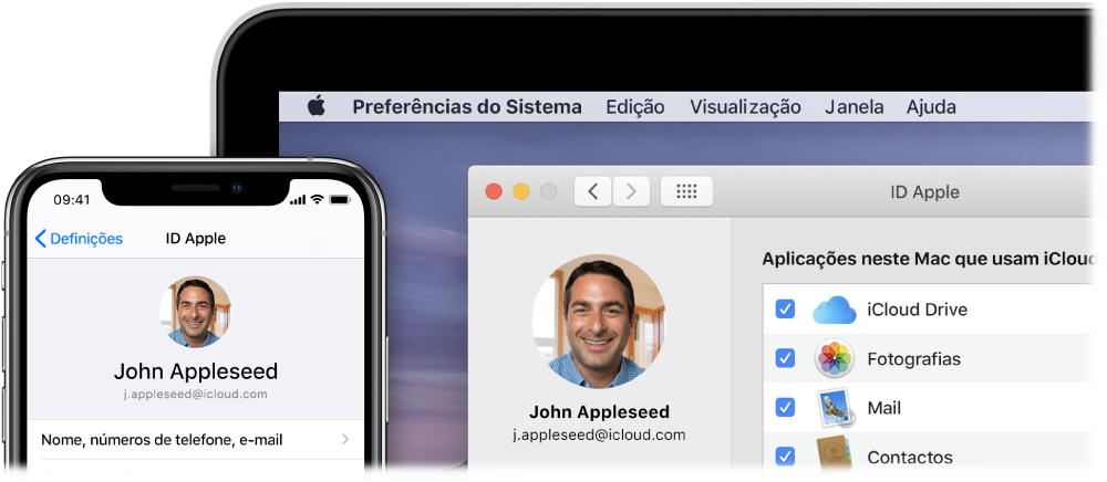 Um iPhone a mostrar as definições de iCloud e o ecrã de um Mac a mostrar a janela de iCloud.