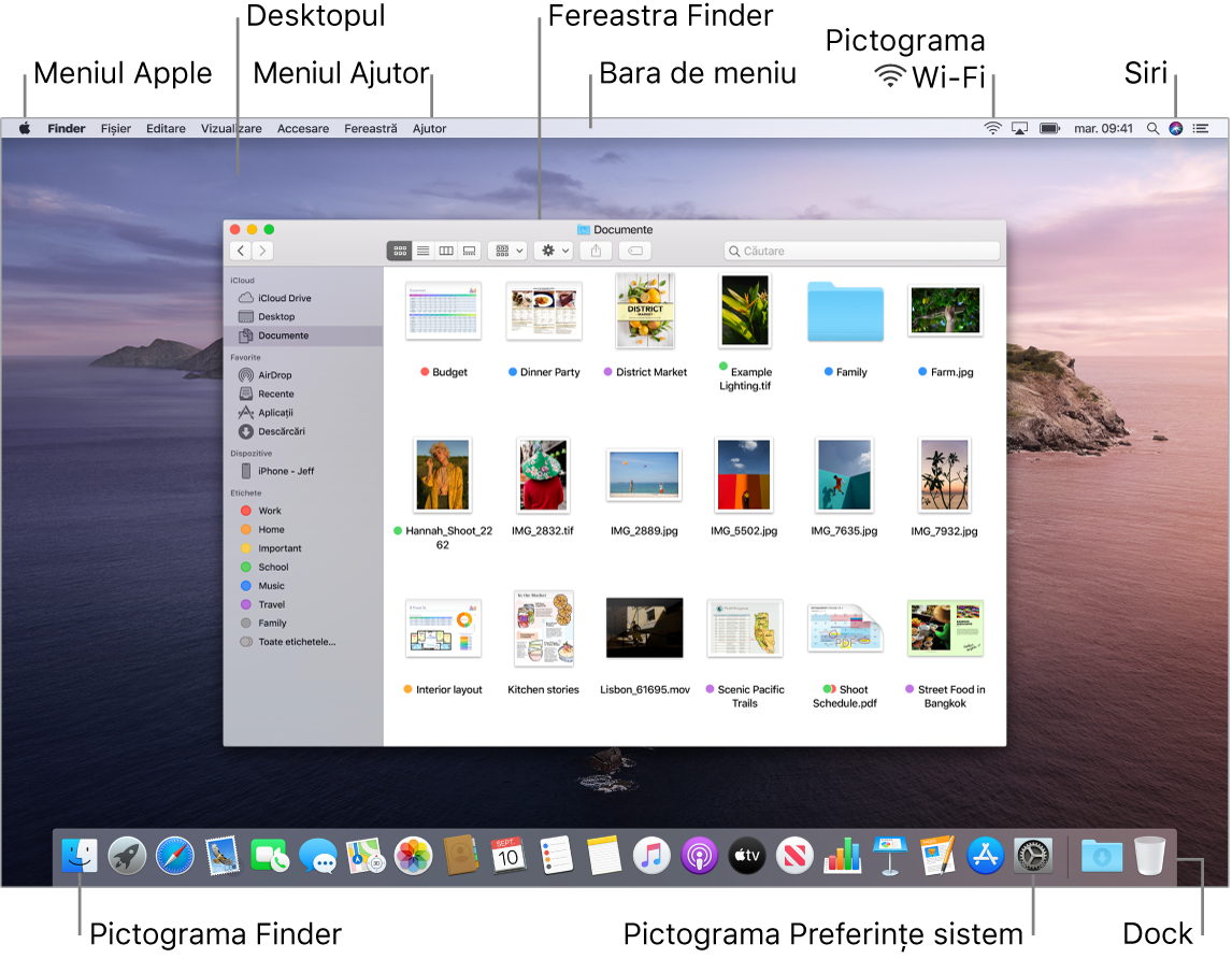 Un ecran Mac afișând meniul Apple, desktopul, meniul Ajutor, o fereastră Finder, bara de meniu, pictograma Wi-Fi, pictograma Solicitare Siri, pictograma Finder, pictograma Preferințe sistem și Dock-ul.