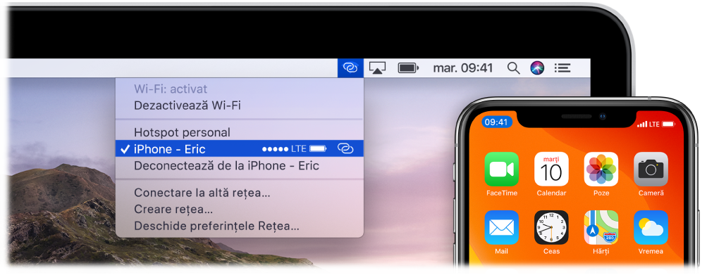 Un ecran Mac cu meniul Wi-Fi afișând un hotspot personal conectat la un iPhone.