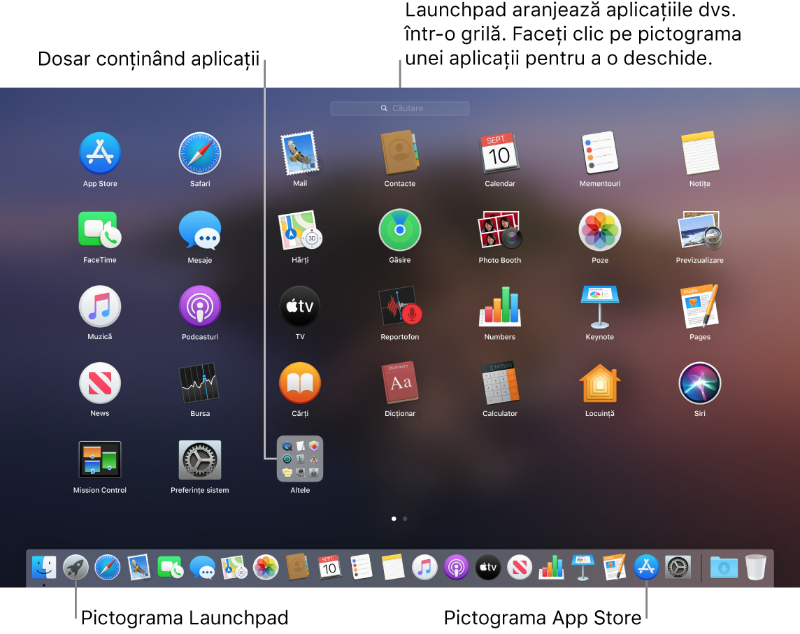 Un ecran de Mac cu Launchpad deschis, afișând un dosar de aplicații din Launchpad, pictograma Launchpad și pictograma Mac App Store din Dock.