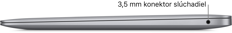 Pohľad na MacBook Pro z pravej strany s popismi dvoch portov Thunderbolt 3 (USB-C) a 3,5 mm konektora slúchadiel.