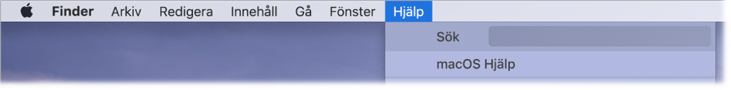 En del av skrivbordet med Hjälp-menyn öppen som visar menyalternativen Sök och macOS Hjälp.