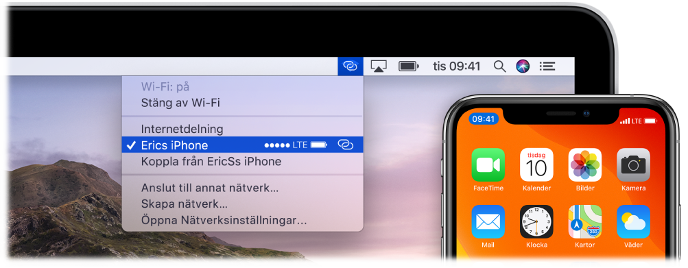 En Mac-skärm med Wi-Fi-menyn som visar en anslutning via Internetdelning på iPhone.
