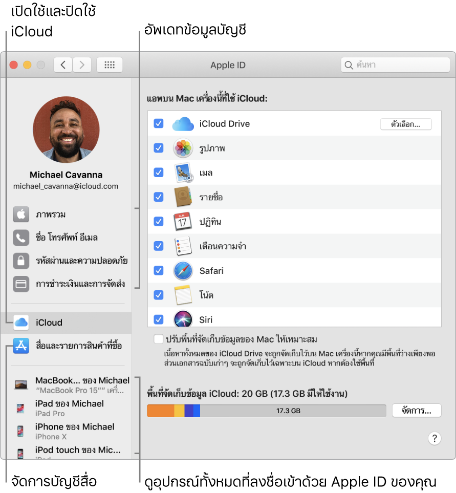 บานหน้าต่าง Apple ID ในการตั้งค่าระบบ คลิกที่รายการในแถบด้านข้างเพื่ออัพเดทข้อมูลบัญชีของคุณ, เปิดใช้หรือปิดใช้ iCloud, จัดการบัญชีสื่อ และดูอุปกรณ์ทุกเครื่องที่ลงชื่อเข้าด้วย Apple ID ของคุณ