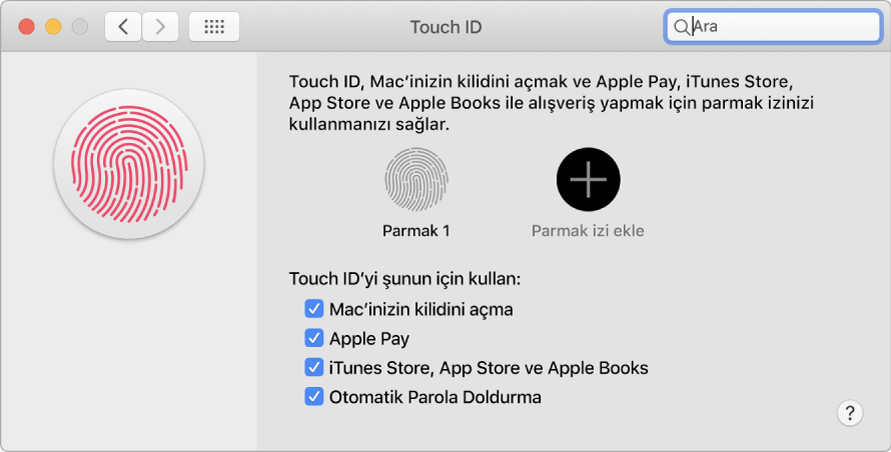 Parmak izi ekleme ve Mac’inizin kilidini açmak, Apple Pay’i kullanmak ve iTunes Store’dan, App Store’dan ve Kitapçı’dan alışveriş yapmak için Touch ID’yi kullanma seçenekleriyle Touch ID tercihleri penceresi.