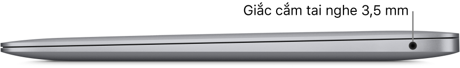 Cạnh bên phải của MacBook Pro, với các chú thích đến hai cổng Thunderbolt 3 (USB-C) và giắc cắm tai nghe 3,5 mm.