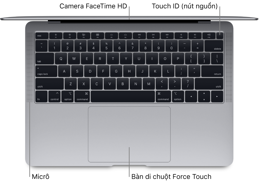 Nhìn xuống MacBook Air đang mở, với các chỉ thị đến Touch Bar, camera FaceTime HD, Touch ID (nút nguồn), micrô và bàn di chuột Force Touch.