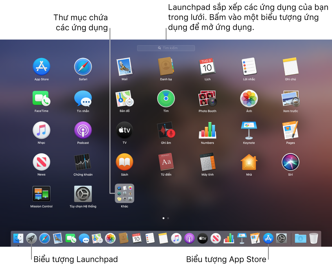 Một màn hình máy Mac với Launchpad được mở, đang hiển thị một thư mục các ứng dụng trong Launchpad, các biểu tượng Launchpad và Mac App Store trên Dock.
