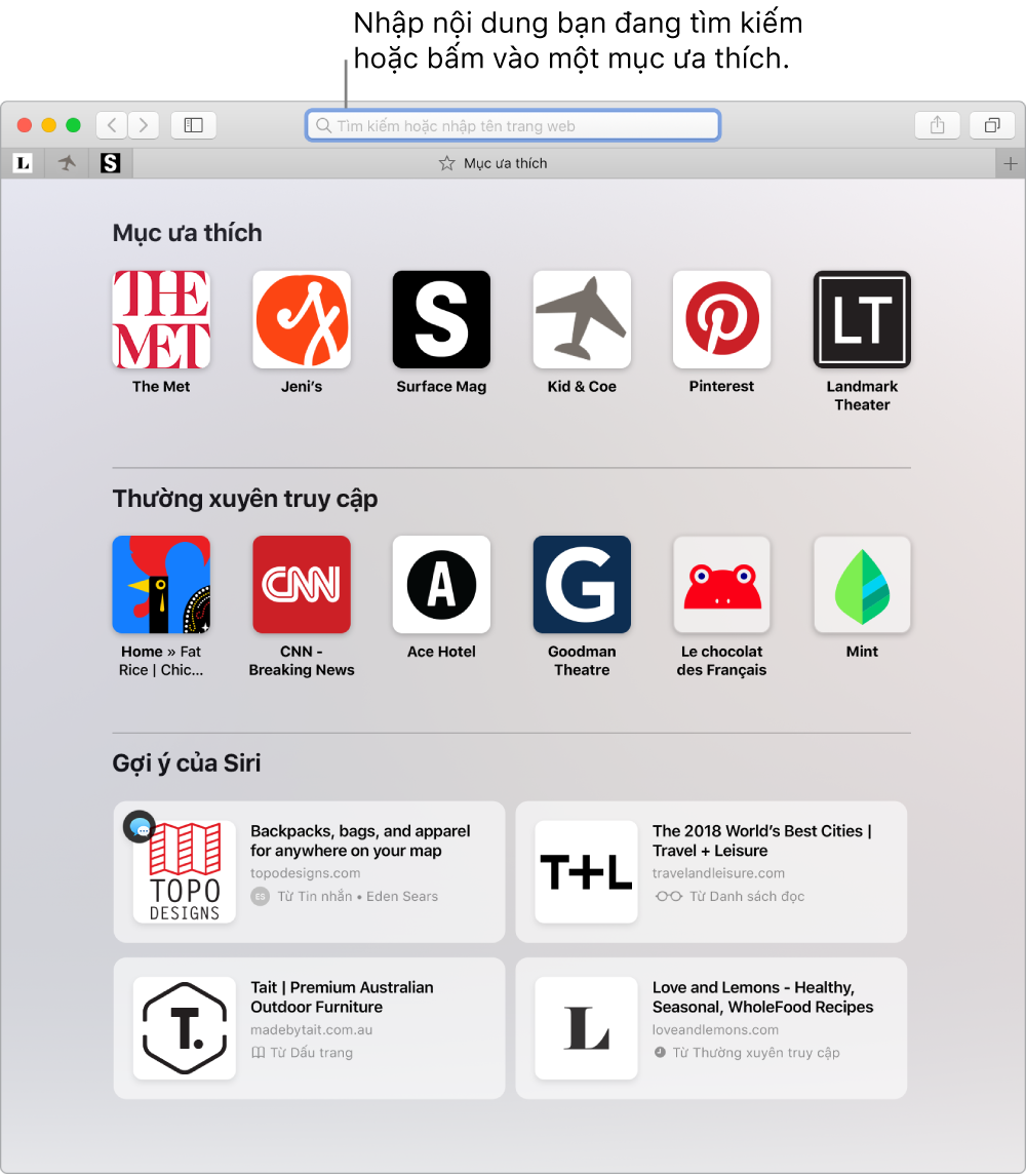 Một cửa sổ Safari với chế độ xem Mục ưa thích được hiển thị và trường Tìm kiếm thông minh được làm nổi bật.