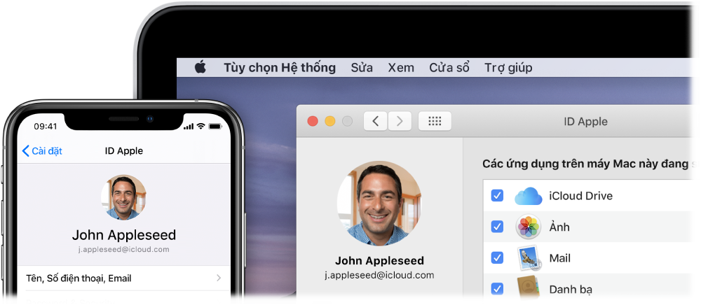Một iPhone đang hiển thị các cài đặt iCloud và một màn hình máy Mac đang hiển thị cửa sổ iCloud.