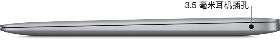 MacBook Pro 的右侧视图，标注了两个雷雳 3 (USB-C) 端口和 3.5 毫米耳机插孔。