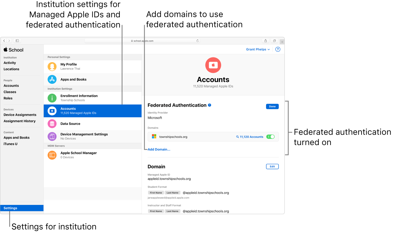 Med forent autentisering kan du koble Apple School Manager til Microsoft Azure Active Directory.