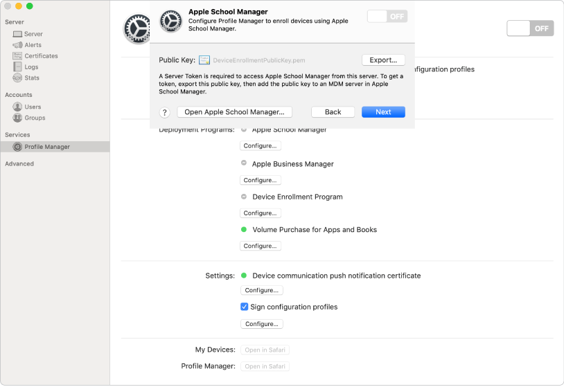 You link Apple School Manager or Apple Business Manager to Profile Manager using the Server app.