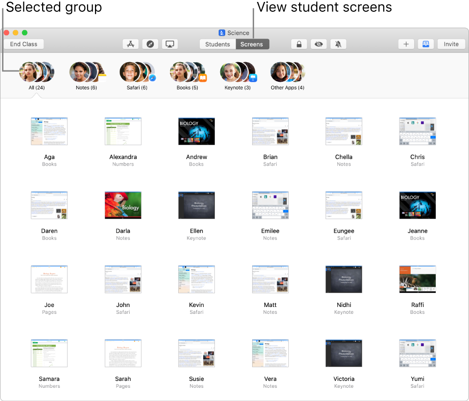 A Classroom window showing the Screens button selected in the row of actions and a selected group shows screens can now be viewed.