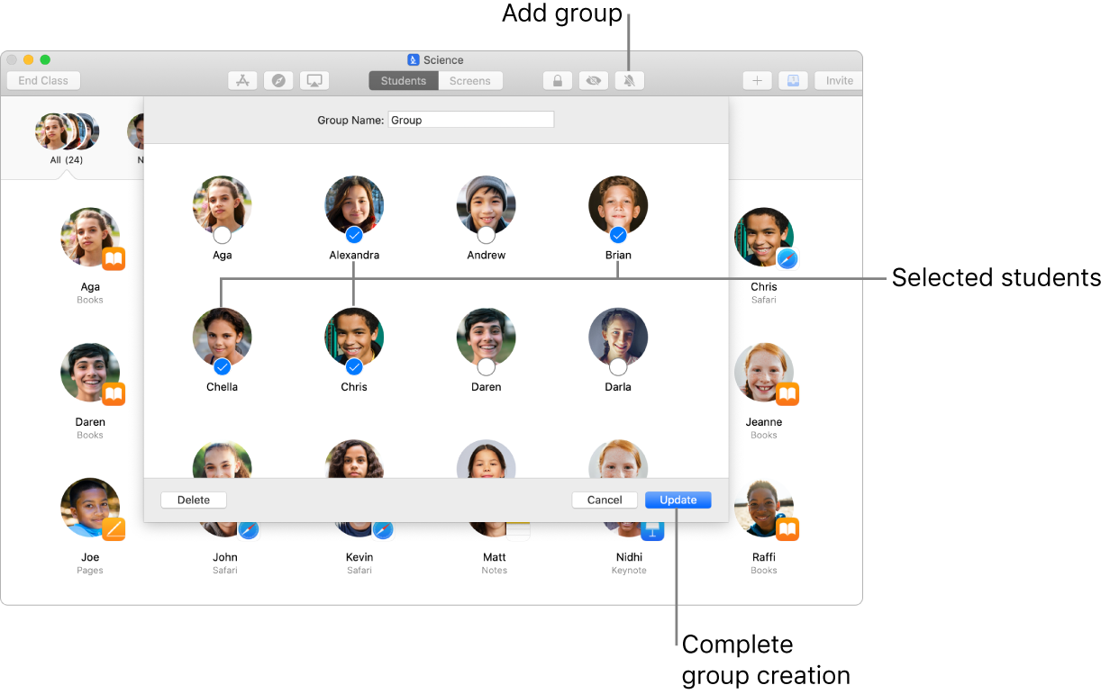 The Classroom window showing how to manually create a new group.