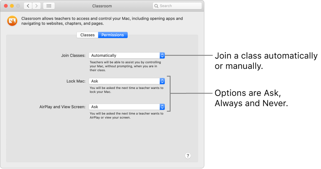 Students’ view of Classroom permissions that are available to them.