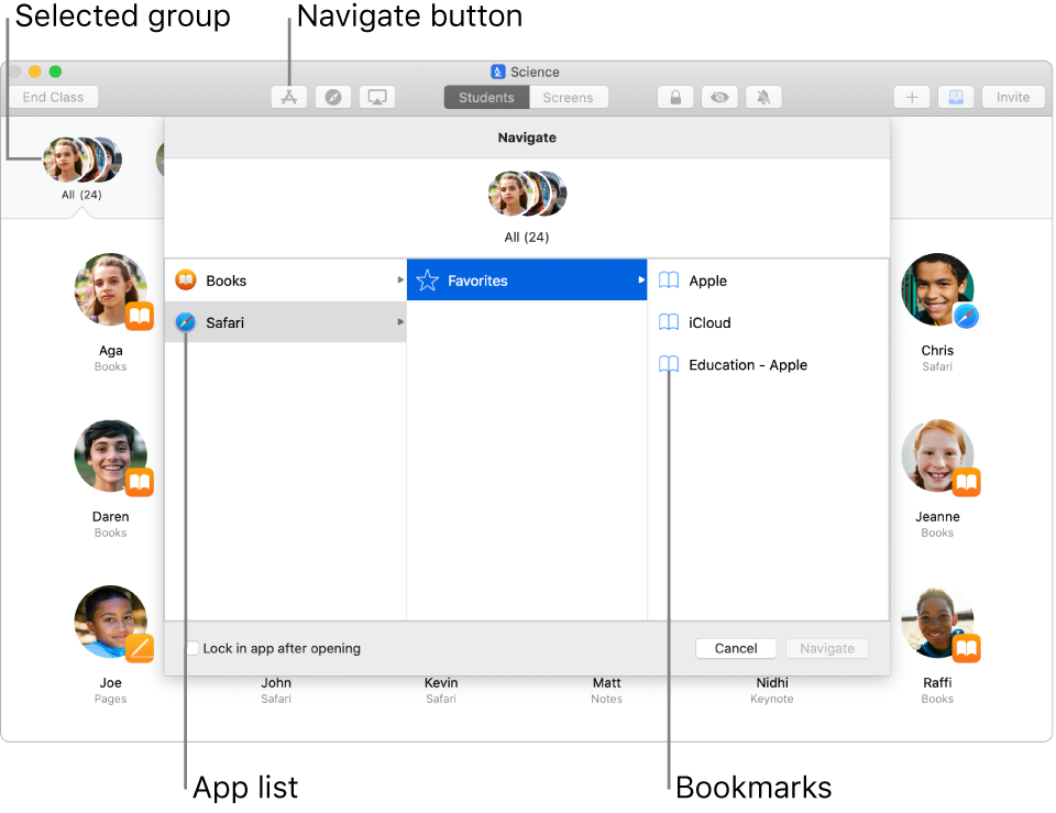 A Classroom window highlighting the Navigate button and a selected group. Students can choose here to navigate to Books or to Safari.