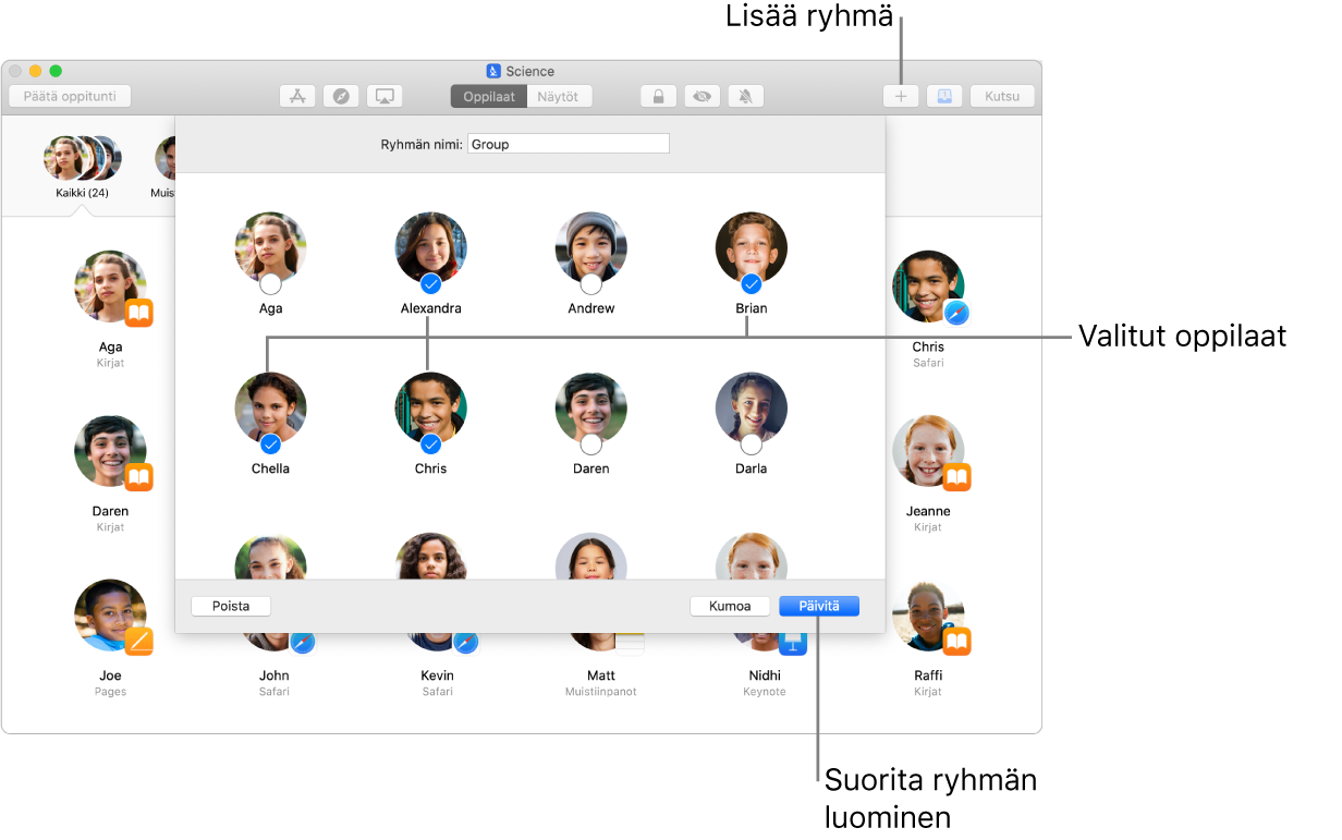 Oppitunti-ikkuna, jossa näkyy, kuinka uusi ryhmä luodaan käsin.