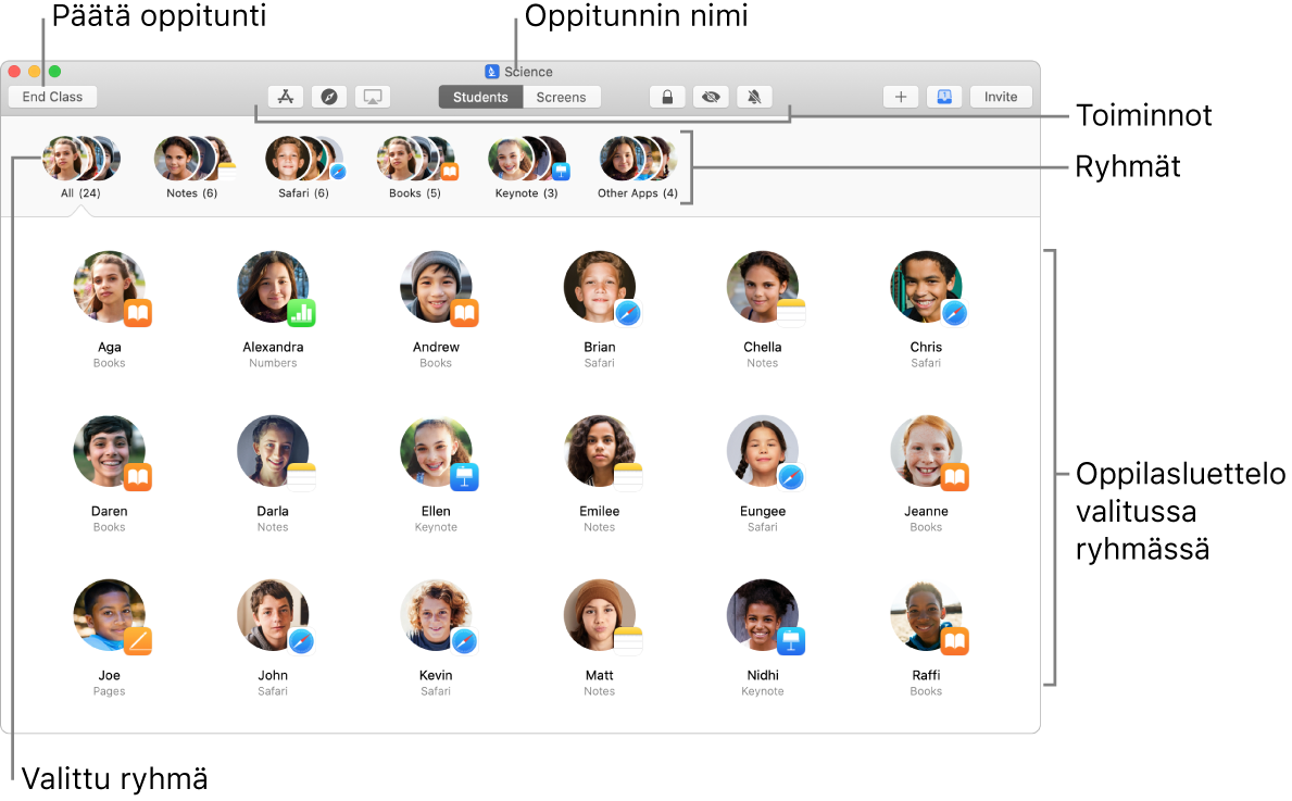 Oppitunti-päänäkymä Macissa.