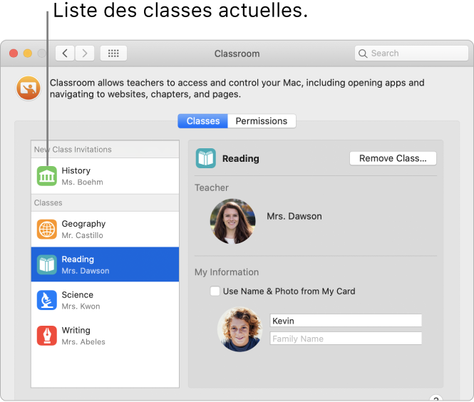 Affichage par les élèves des classes d’En classe qui leur sont accessibles.