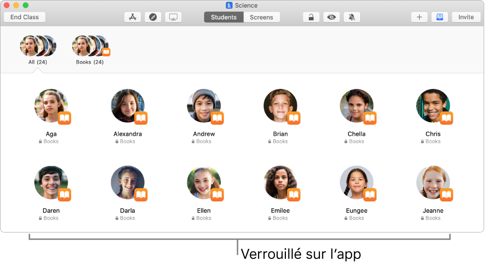 Fenêtre En classe affichant un groupe d’élèves « verrouillé » dans une app.