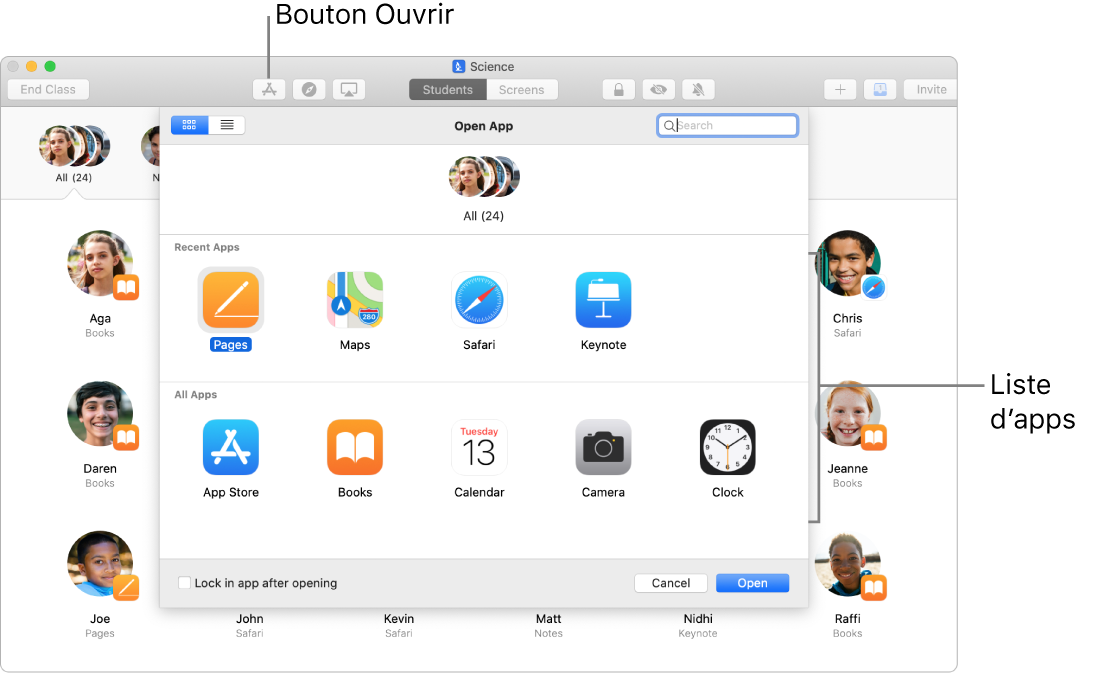 Fenêtre En classe présentant les apps qui s’affichent lorsque vous touchez Ouvrir.