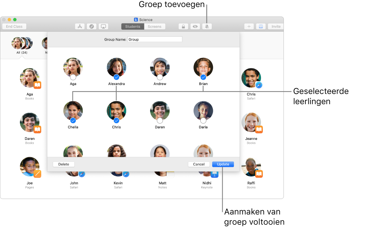 Het Klaslokaal-venster waarin wordt getoond hoe je handmatig een nieuwe groep aanmaakt.