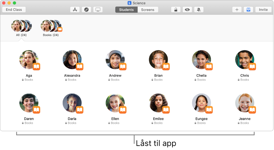 Klasserom-vinduet som viser en gruppe med elever som er «låst» til en app.