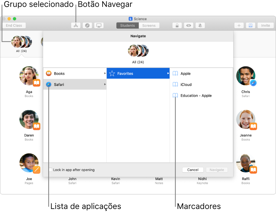 Uma janela da aplicação Sala de Aula com o botão Navegar e um grupo selecionado em destaque. Os alunos podem optar por navegar para a aplicação Livros ou Safari.