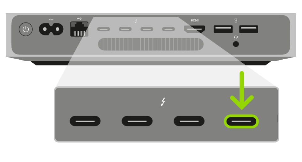 Un puerto Thunderbolt usado para restablecer el firmware del chip de seguridad T2 de Apple del Mac mini.