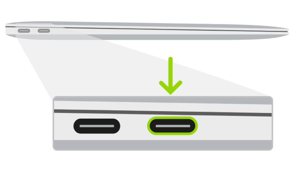 MacBook Air의 Apple T2 보안 칩 펌웨어 되살리기 작업에 사용하는 Thunderbolt 포트.