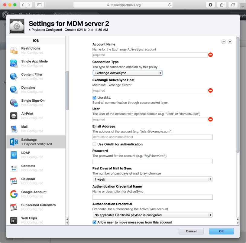 Create an Exchange ActiveSync configuration profile for users of iOS and iPadOS devices.