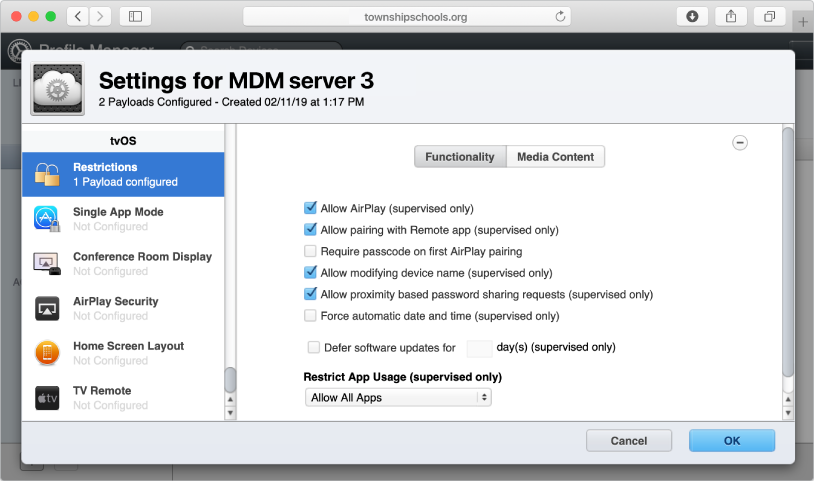 Apple TV restrictions and payloads include deferring software updates and setting the Home screen.