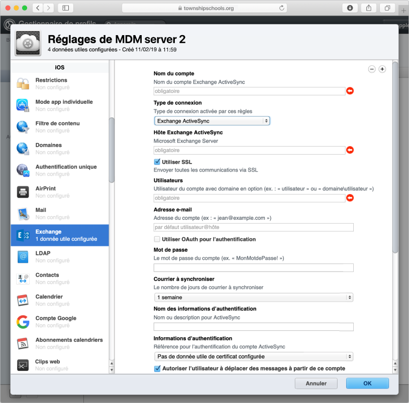 Créez un profil de configuration Exchange ActiveSync pour les utilisateurs d’appareils iOS et iPadOS.