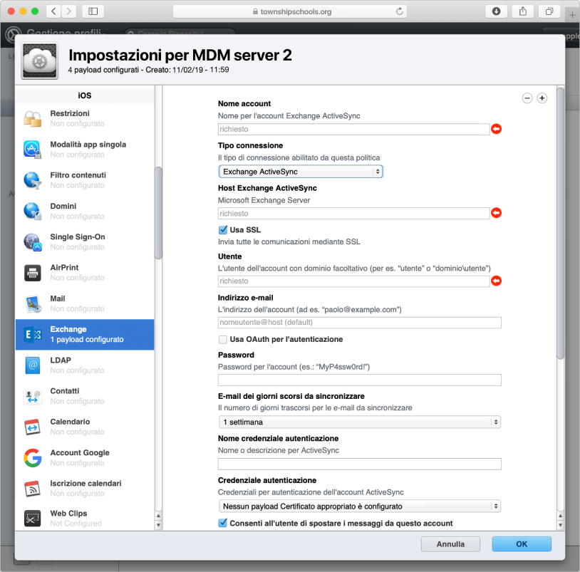 Crea un profilo di configurazione Exchange ActiveSync per gli utenti dei dispositivi iOS e iPadOS.