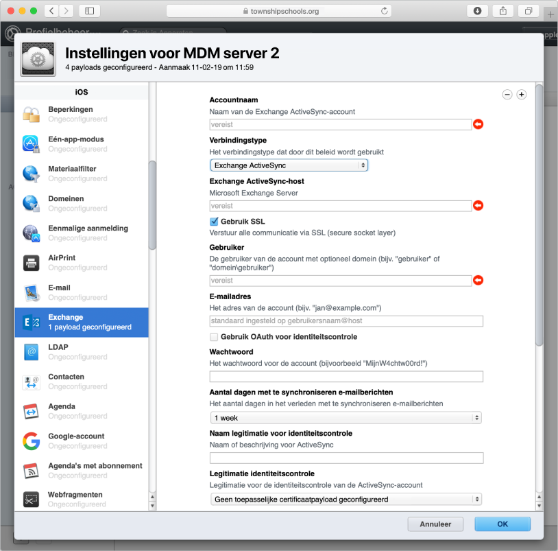 Maak een Exchange ActiveSync-configuratieprofiel aan voor gebruikers van iOS- en iPadOS-apparaten.