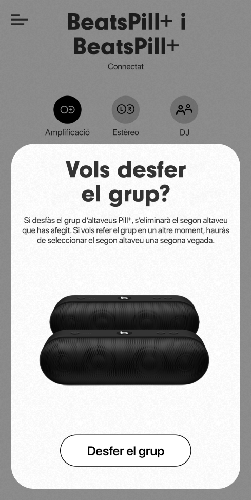 App Beats que mostra la targeta “Desfer el grup”