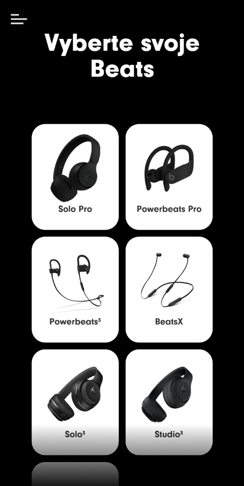 Obrazovka „Vyberte svoje Beats“ s přehledem podporovaných zařízení