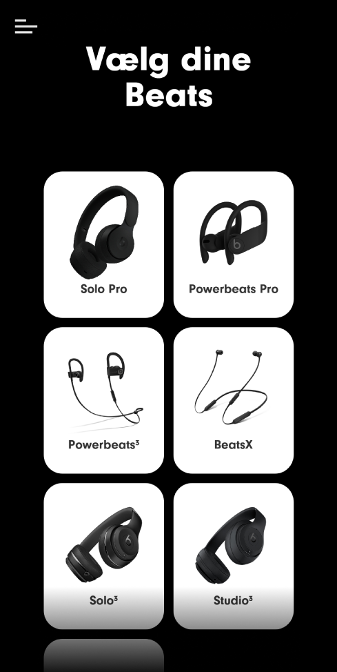 Skærmen Vælg dine Beats, der viser understøttede enheder