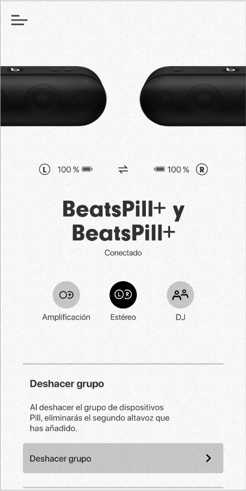 La pantalla de la app Beats en modo Estéreo