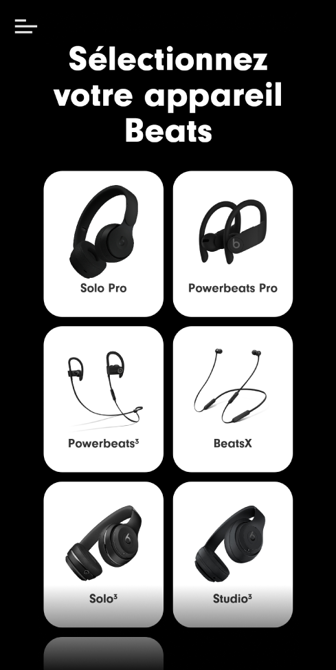 App Beats affichant l’écran « Sélectionnez votre appareil Beats »