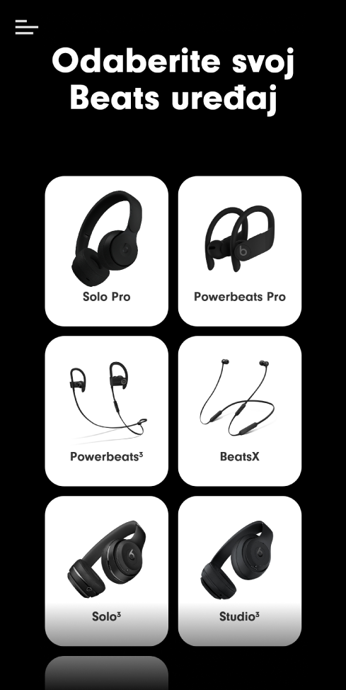 Zaslon Odaberite svoj Beats prikazuje podržane uređaje